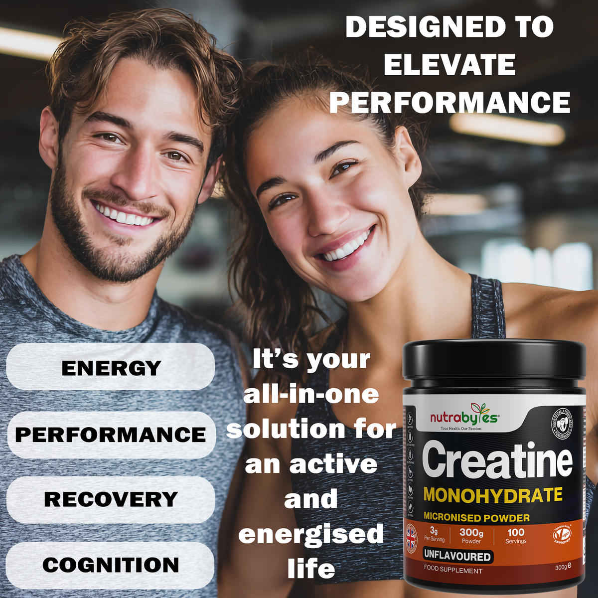 NUTRABYTES Creatine Monohydrate tub beside an active man and woman with performance graphic