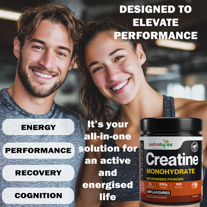NUTRABYTES Creatine Monohydrate tub beside an active man and woman with performance graphic