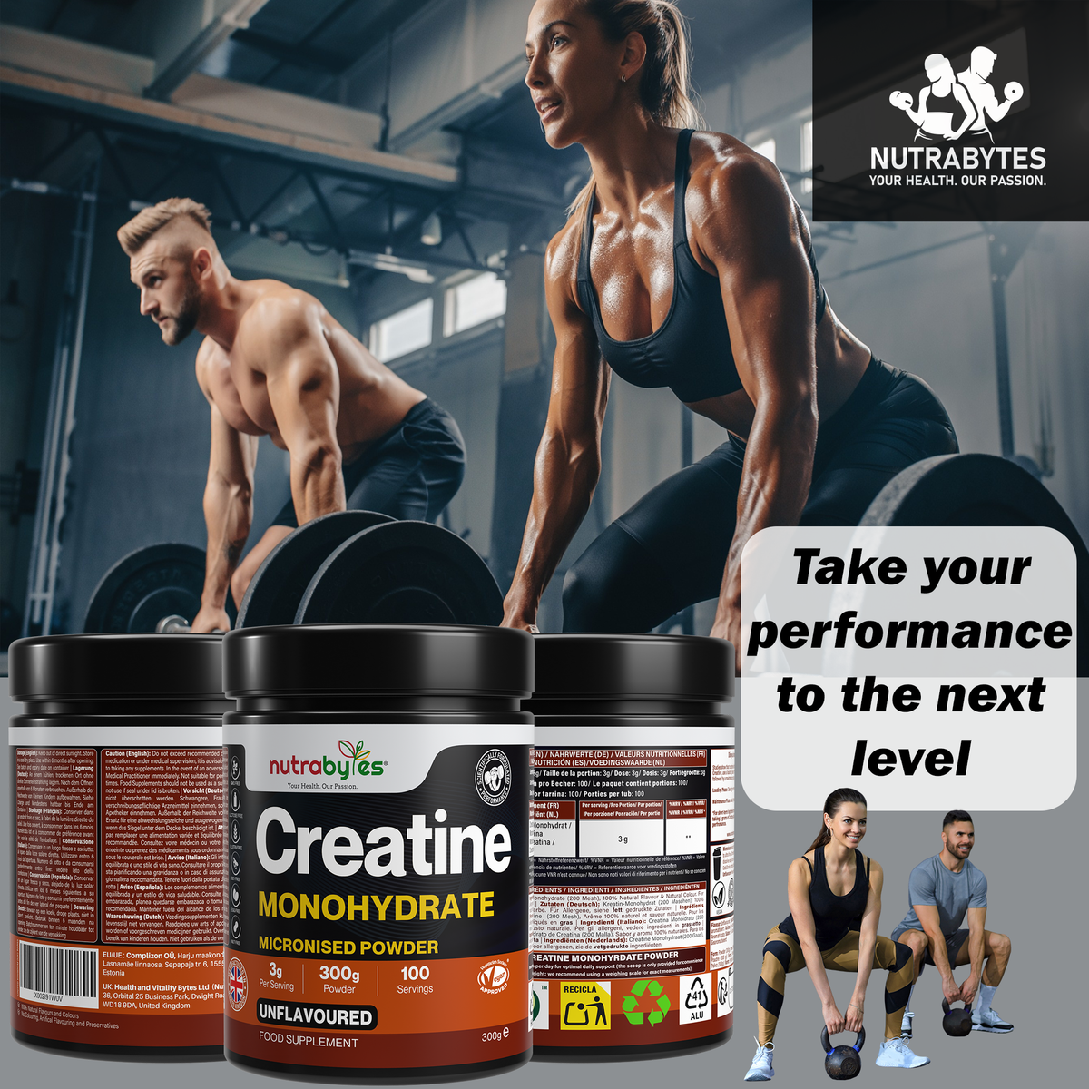 Man and woman weight training beside NUTRABYTES Creatine Monohydrate tub and label panels