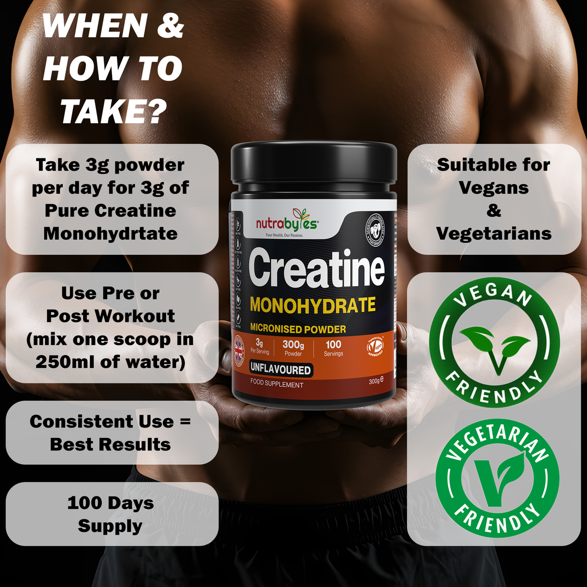 NUTRABYTES Creatine Monohydrate tub with 3g daily mixing instructions and vegan badges