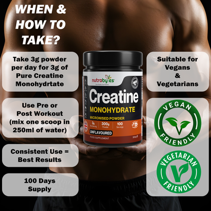 NUTRABYTES Creatine Monohydrate tub with 3g daily mixing instructions and vegan badges