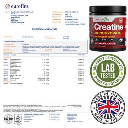 NUTRABYTES Mixed Berry Creatine Monohydrate Powder 300g infographic showing the product packaging, label information and key product details