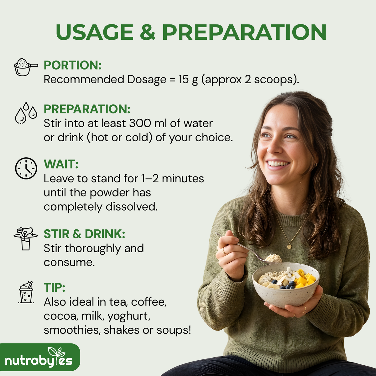 NUTRABYTES collagen powder mixing and serving information