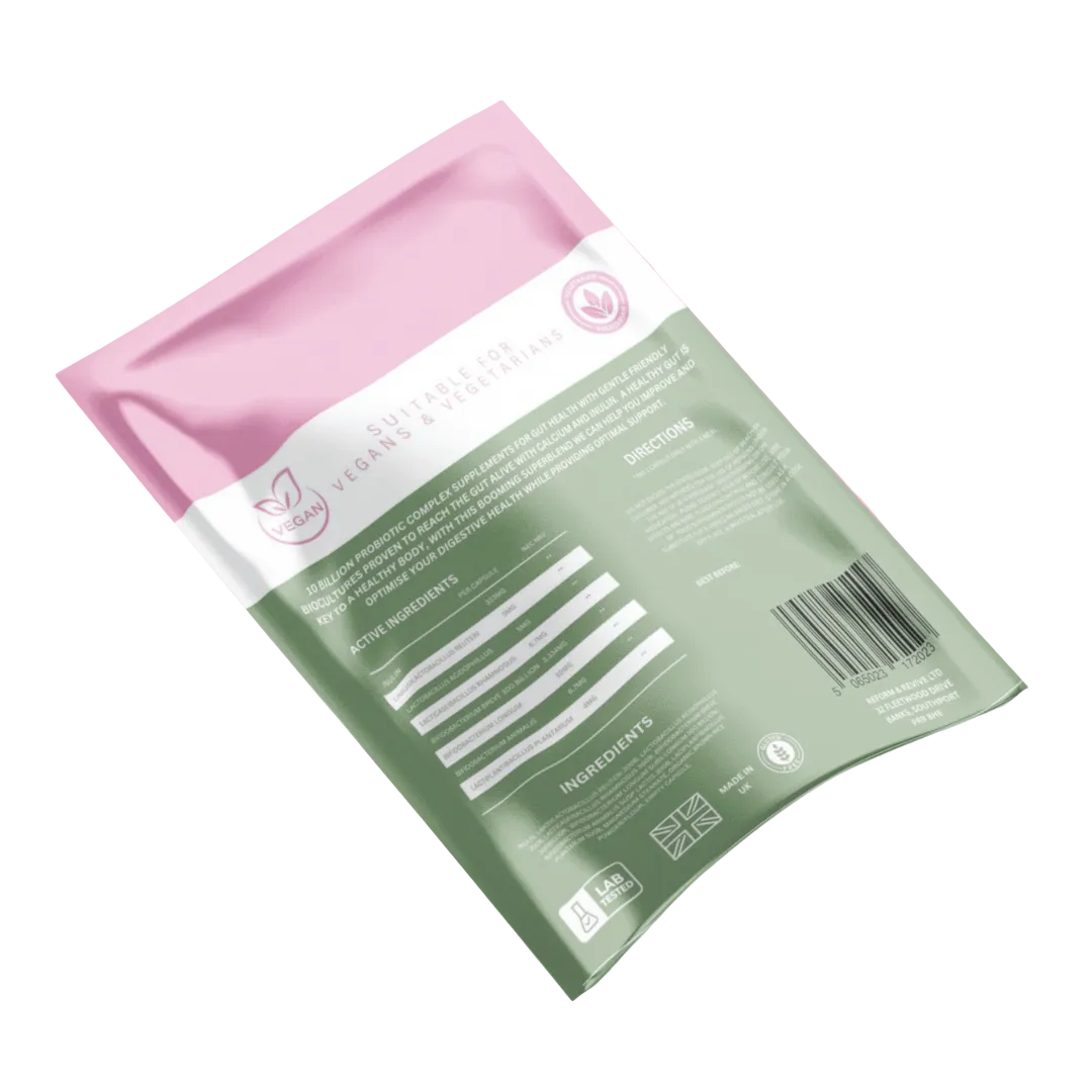 Pink and green package with text and a barcode on a white background