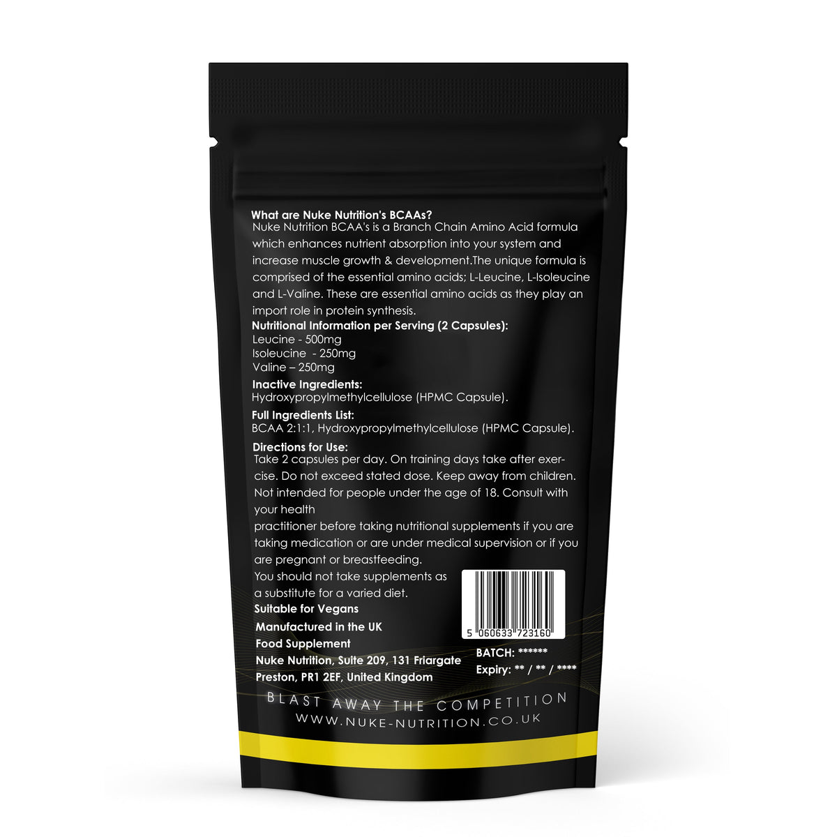Nuke Nutrition BCAA 2:1:1 1000mg Capsules – ingredient and serving information