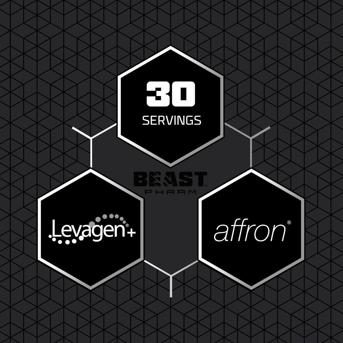 Hexagonal graphic with '30 Servings', 'Levagen+', and 'affron' on a black geometric pattern background.