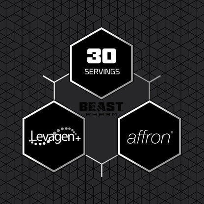 Hexagonal graphic with '30 Servings', 'Levagen+', and 'affron' on a black geometric pattern background.