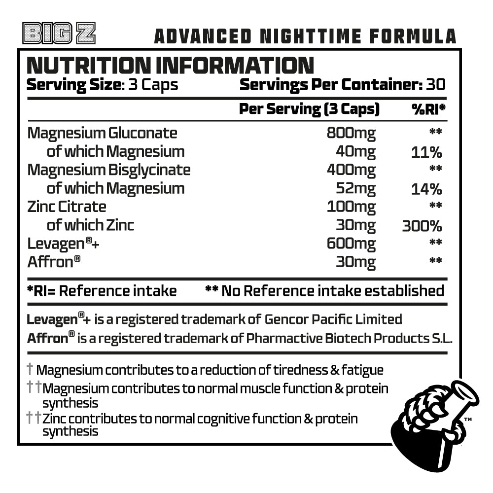 Nutrition label for a supplement with detailed ingredient information and serving size.