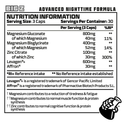 Nutrition label for a supplement with detailed ingredient information and serving size.