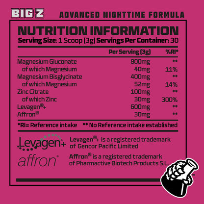 Nutrition label for a supplement with pink background and black text