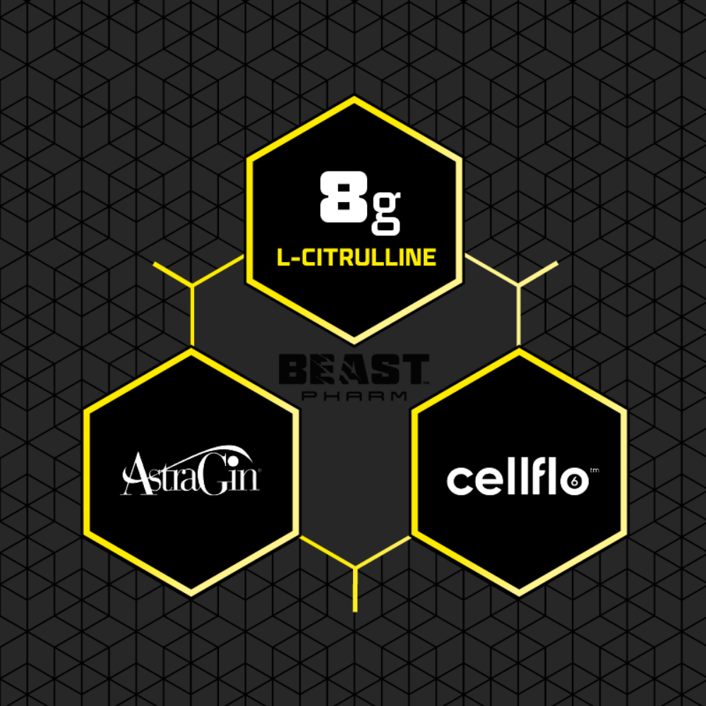 Hexagonal logos of 8g, Beast Pharm, AsiaCin, and Cellflo on a black geometric pattern background.
