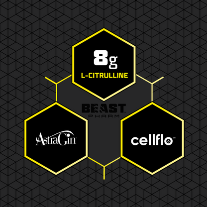 Hexagonal logos of 8g, Beast Pharm, AsiaCin, and Cellflo on a black geometric pattern background.