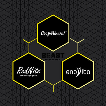 Hexagonal logos of CoogMineral, Beast Pharm, RedNite, and enovita on a black geometric patterned background.