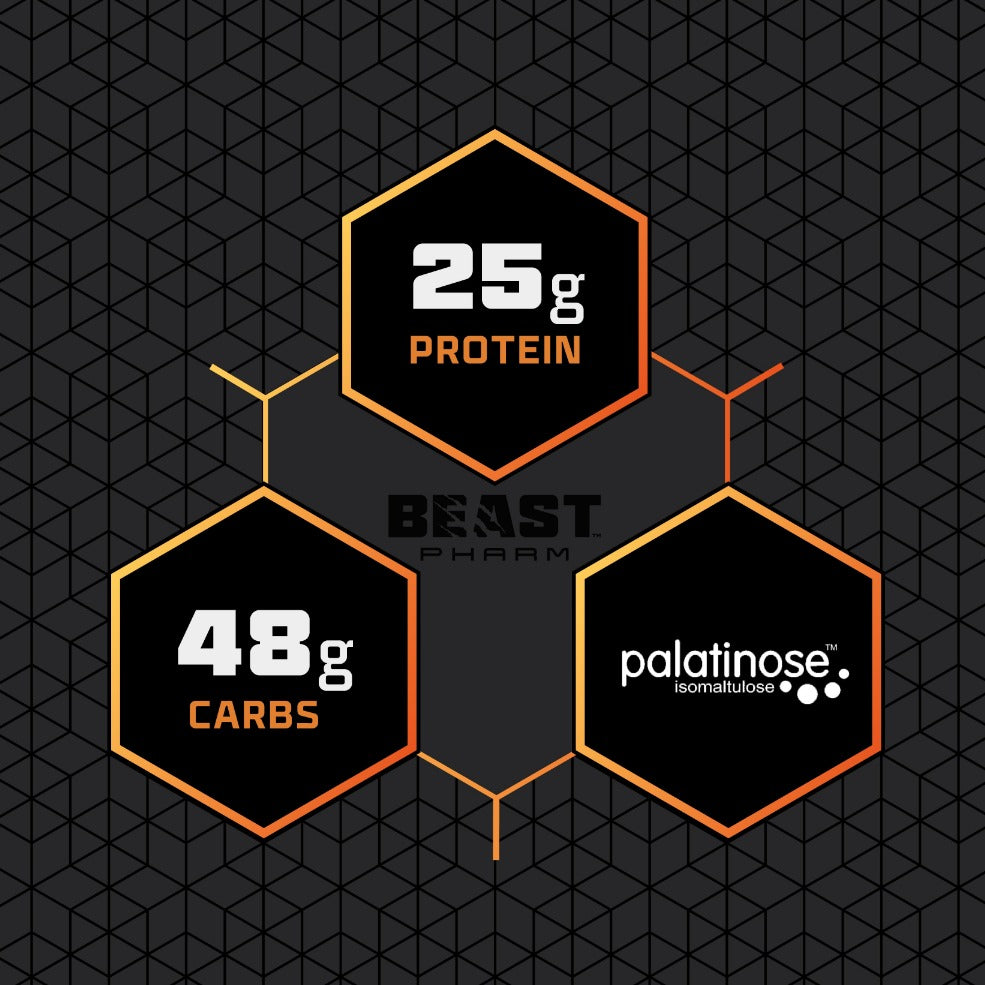 Hexagonal infographic with protein and carb information on a geometric patterned background
