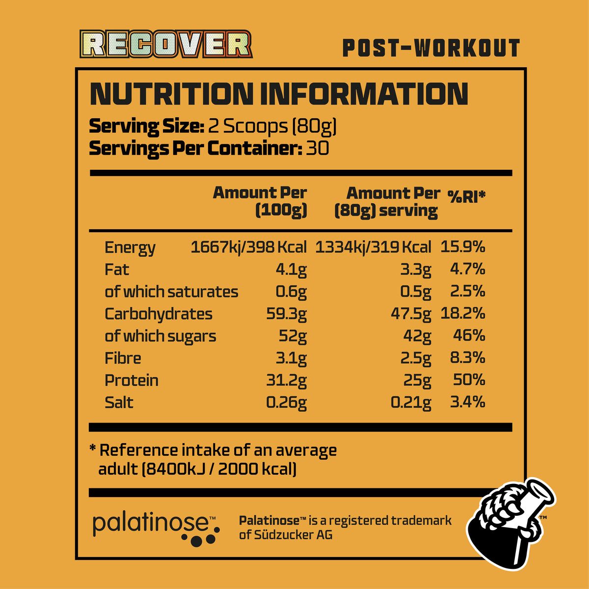 Nutrition label for a post-workout supplement with Palatinose branding on an orange background.