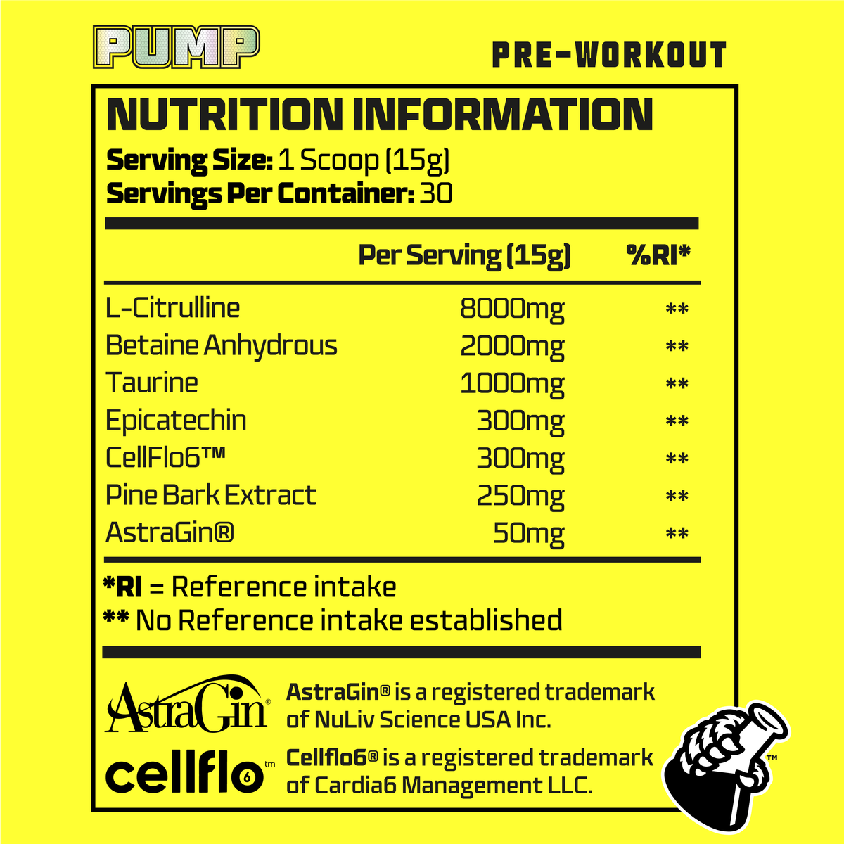 Nutrition information label for a pre-workout supplement on a yellow background