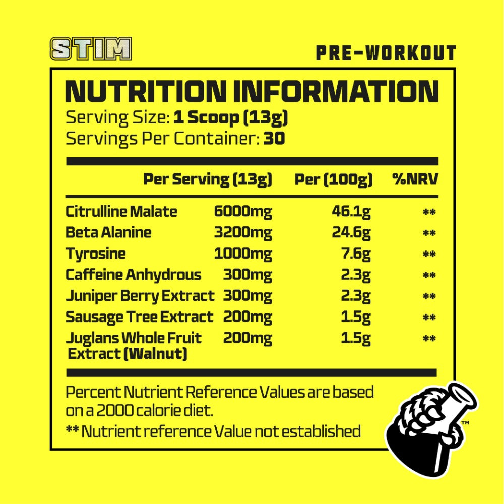Nutrition information label for a pre-workout supplement on a yellow background