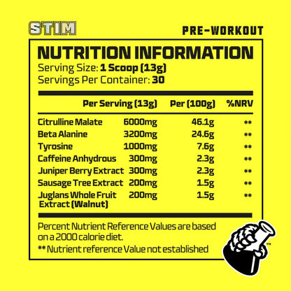 Nutrition information label for a pre-workout supplement on a yellow background