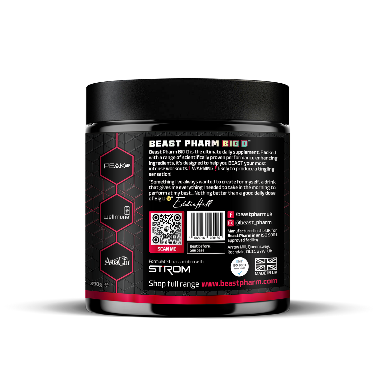 Beast Pharm BIG D Cranberry 390g tub showing side label