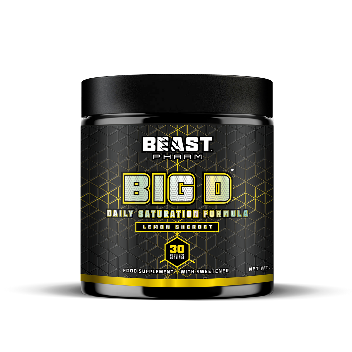 Beast Pharm BIG D Lemon Sherbet daily saturation formula, front of 390g tub