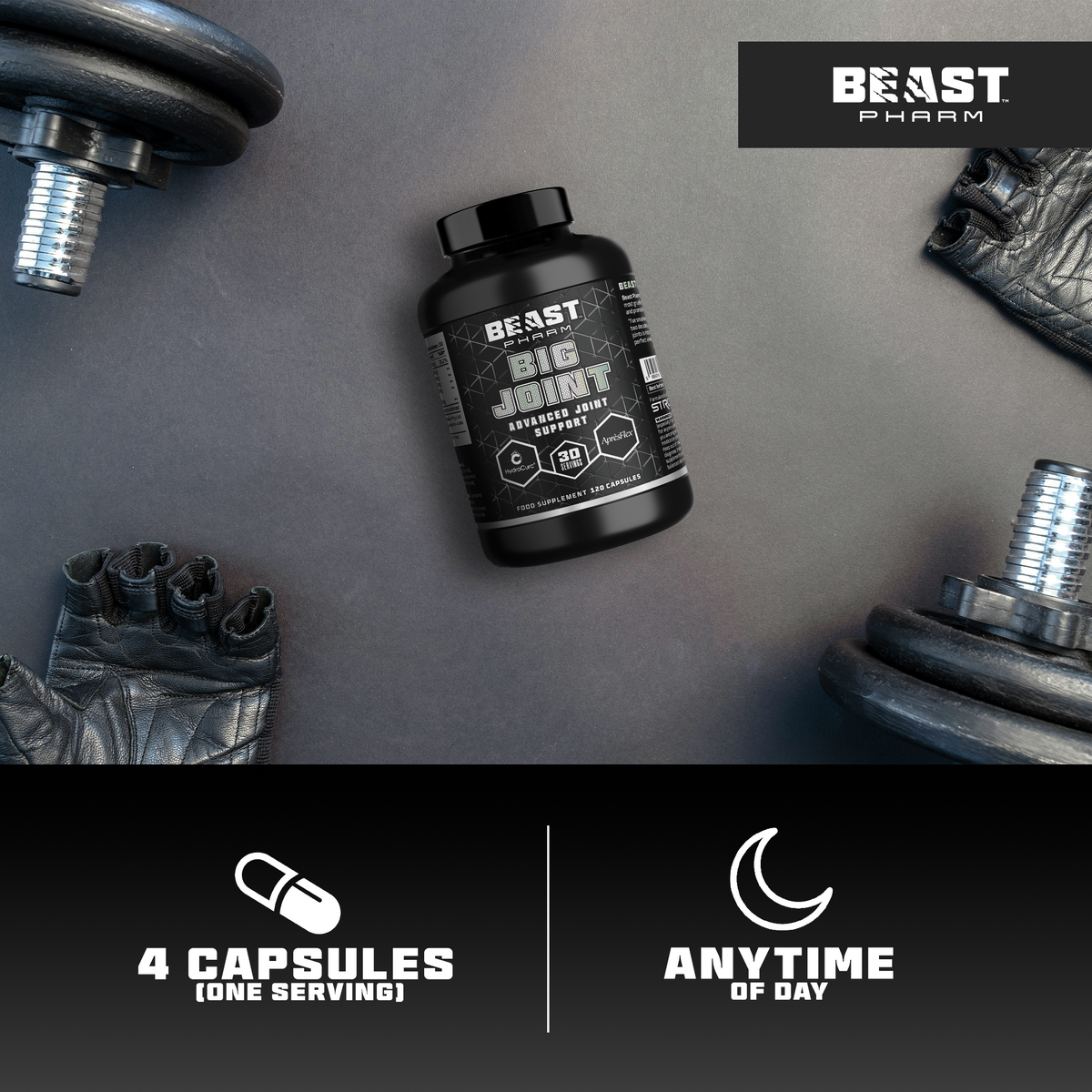 Beast Pharm BIG JOINT 120-capsule bottle beside gym equipment