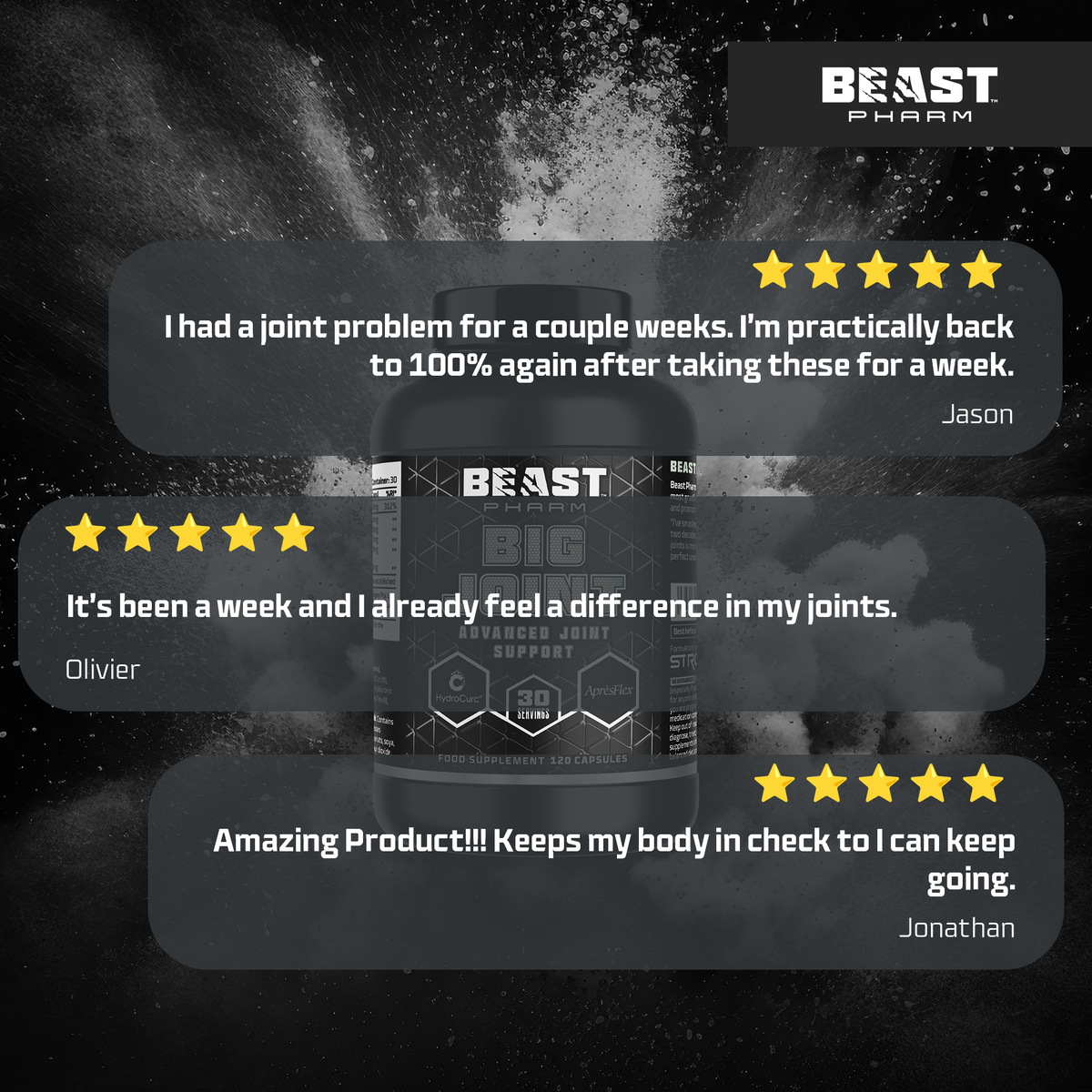 Beast Pharm BIG JOINT bottle displayed with customer review quotes
