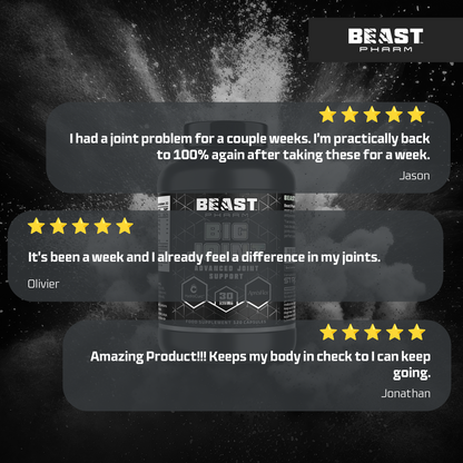 Beast Pharm BIG JOINT bottle displayed with customer review quotes