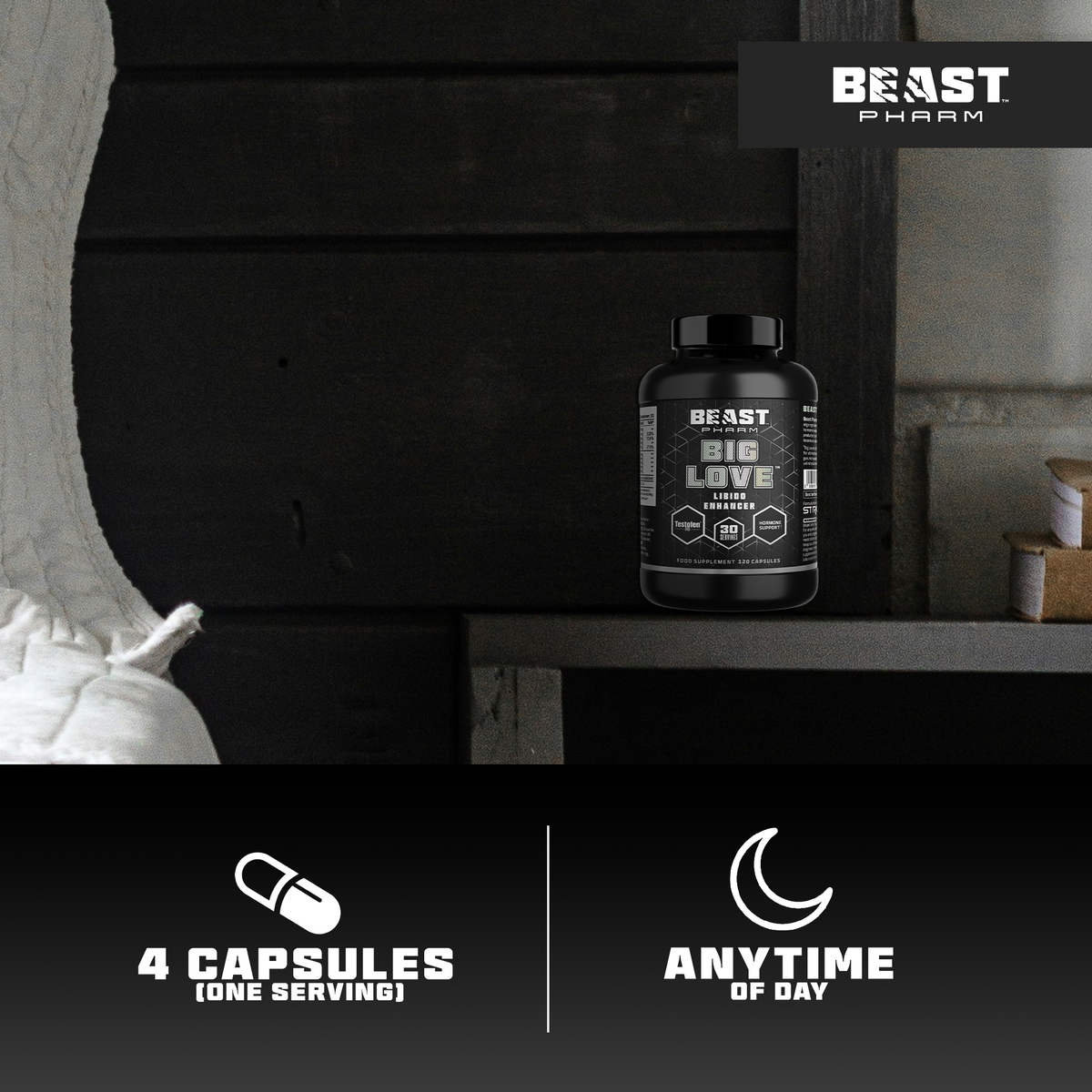 Beast Pharm BIG LOVE Men’s Hormone Support – 120 Capsules infographic showing the product packaging, label information and key product details