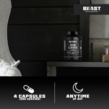 Beast Pharm BIG LOVE Men’s Hormone Support – 120 Capsules infographic showing the product packaging, label information and key product details