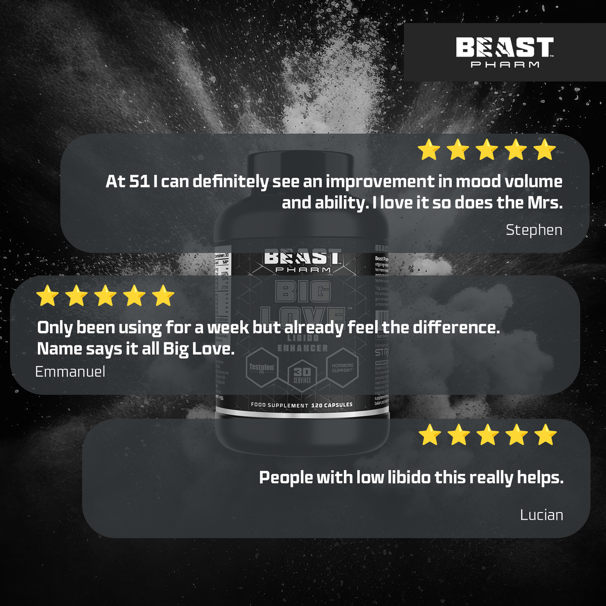 Beast Pharm BIG LOVE bottle displayed with customer testimonial quotes