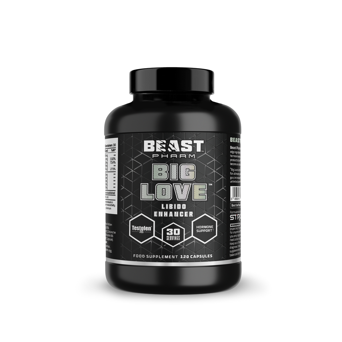 Beast Pharm BIG LOVE men's supplement, front of 120-capsule bottle