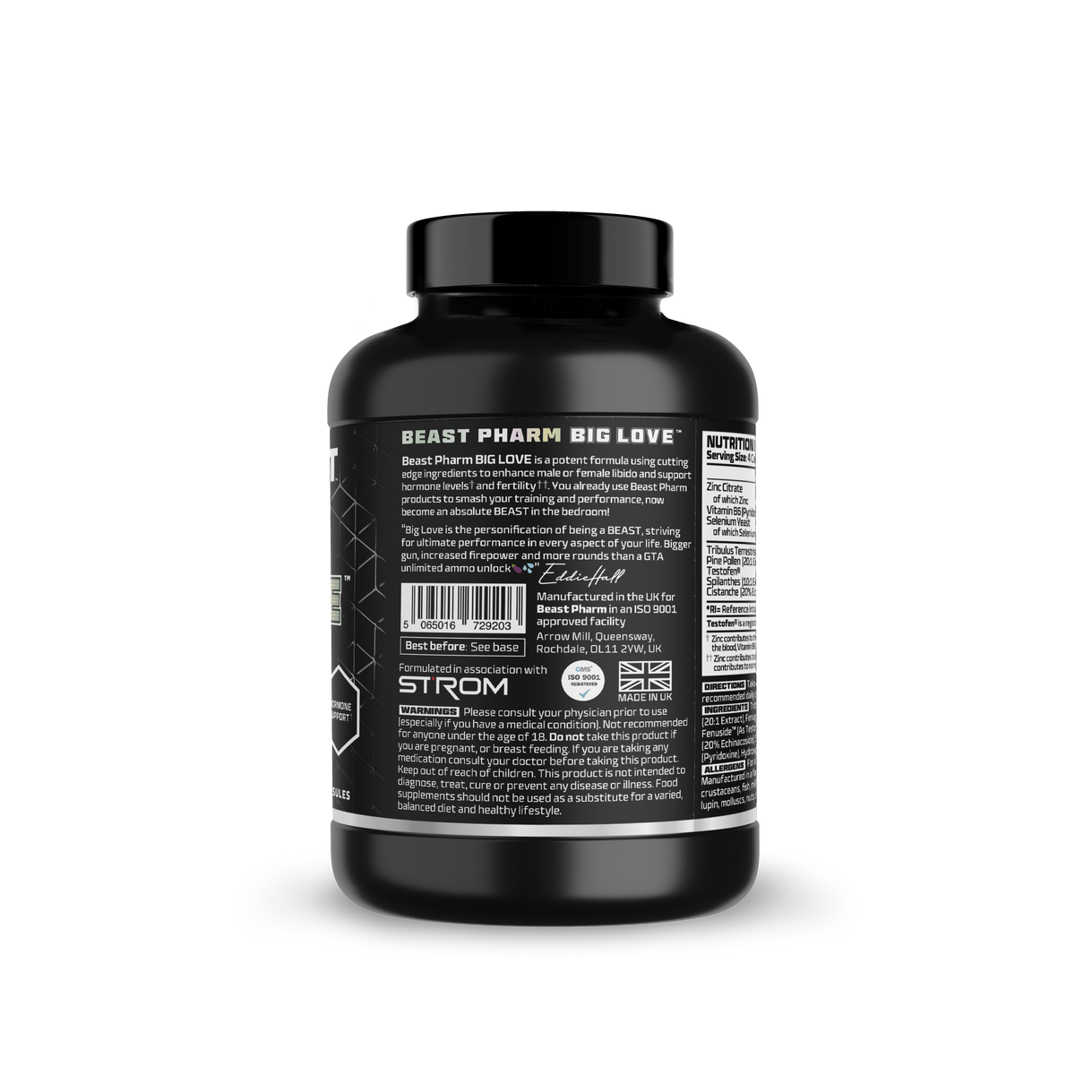 Beast Pharm BIG LOVE bottle side label showing label information and key product details