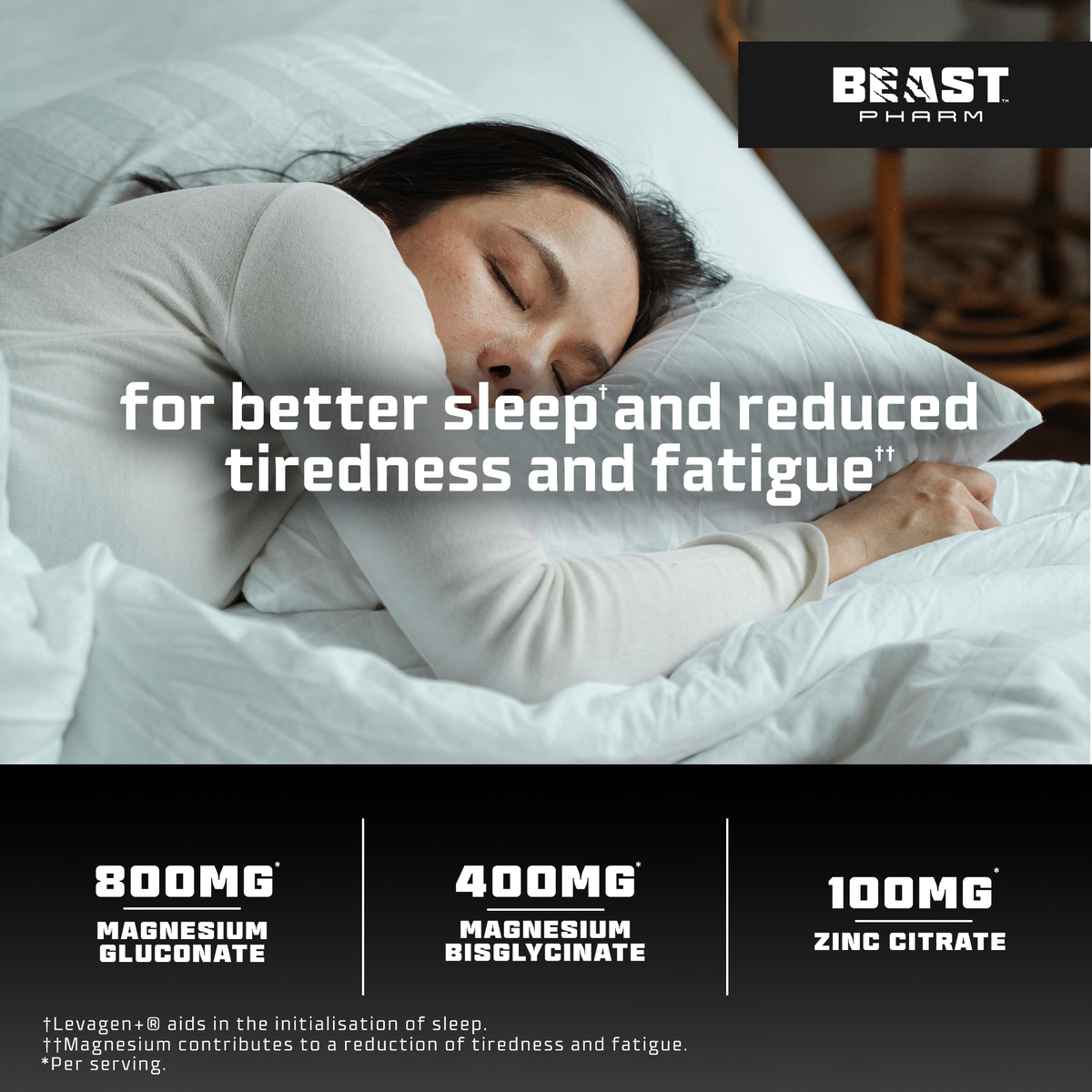 Person sleeping with text about better sleep and reduced tiredness, featuring Beast Pharm branding.