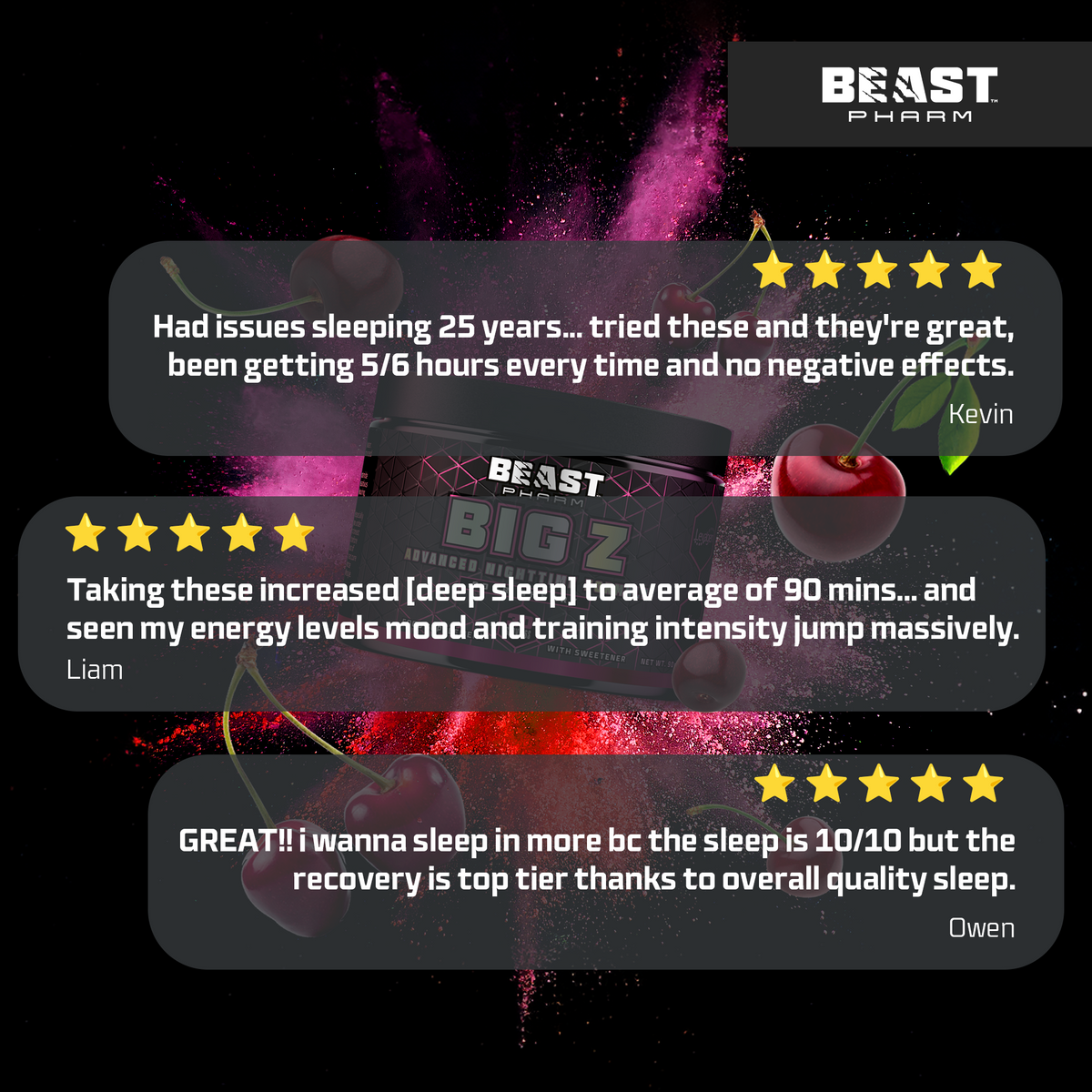 Product packaging with customer testimonials on a dark background, featuring the brand 'Beast Pharm'.