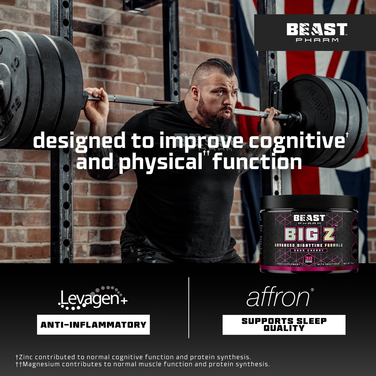Man lifting weights with Beast Pharm supplement container and text about cognitive and physical function.
