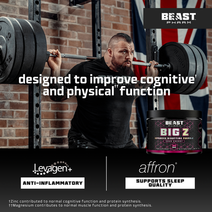 Man lifting weights with Beast Pharm supplement container and text about cognitive and physical function.