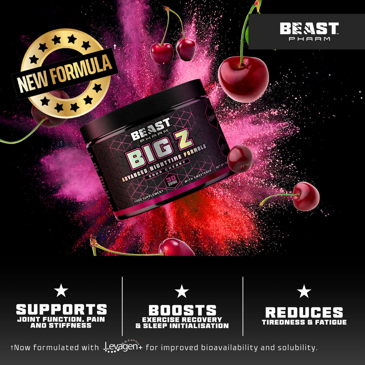 Beast Pharm BIG Z supplement container with cherries and product benefits text on a dark background