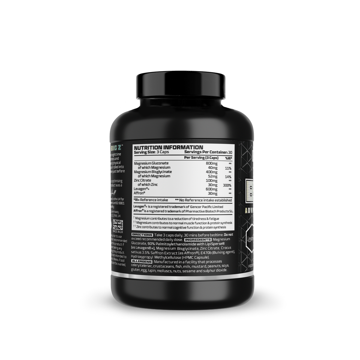 Black supplement bottle with nutrition label on a white background