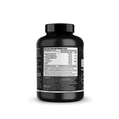 Black supplement bottle with nutrition label on a white background