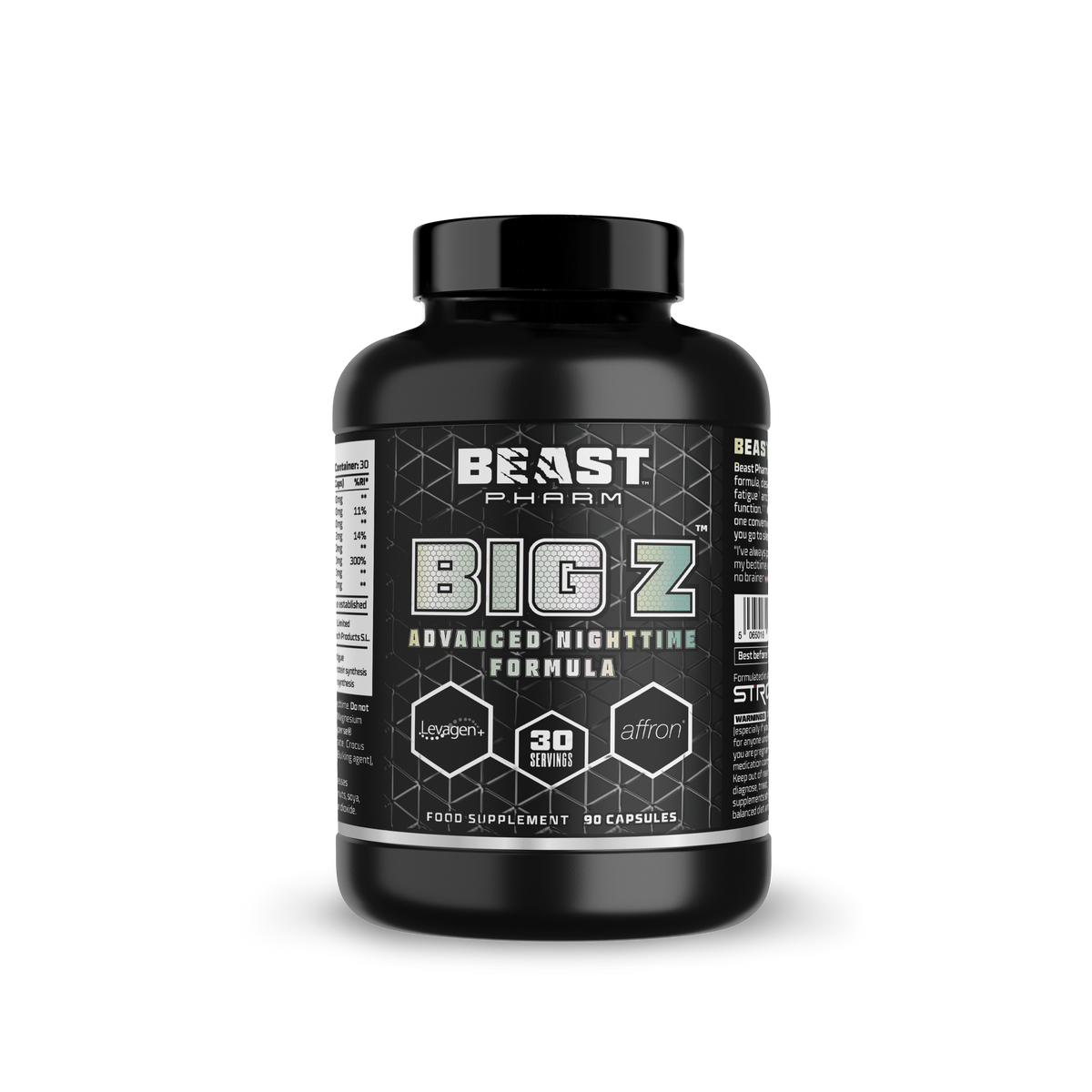 A black plastic bottle of Beast Pharm Big Z Advanced Nighttime Formula dietary supplement, featuring a black label with white and gray text and geometric patterns, set against a plain white background.
