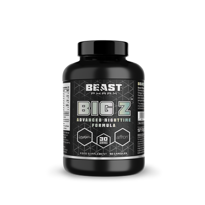 A black plastic bottle of Beast Pharm Big Z Advanced Nighttime Formula dietary supplement, featuring a black label with white and gray text and geometric patterns, set against a plain white background.