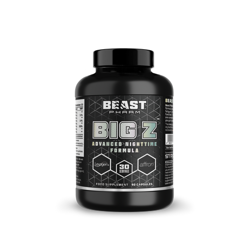 A black plastic bottle of Beast Pharm Big Z Advanced Nighttime Formula dietary supplement, featuring a black label with white and gray text and geometric patterns, set against a plain white background.