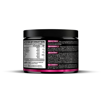 Supplement container with nutrition information and ingredients listed on a white background