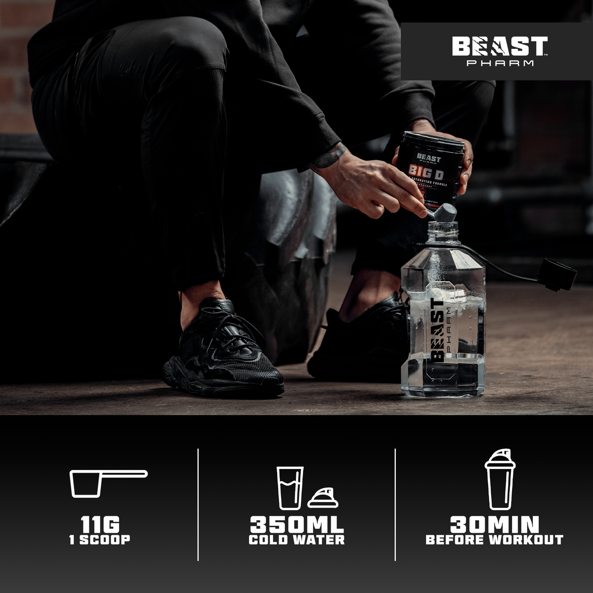 Athlete holding a tub of Beast Pharm BIG D daily saturation formula