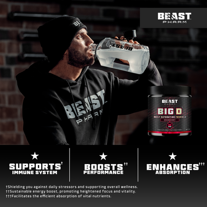 Person holding Beast Pharm BIG D tub beside daily formula feature graphic