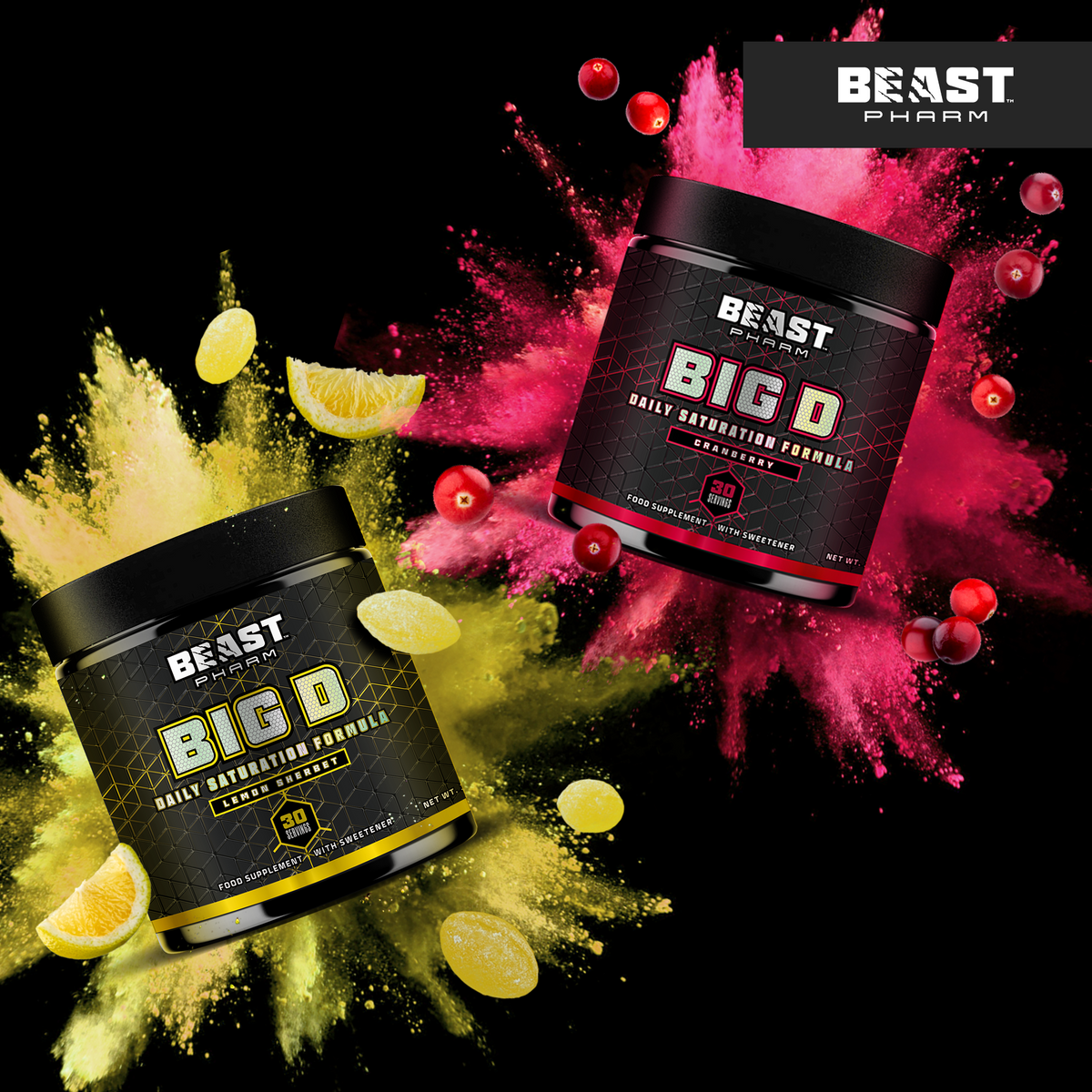 Beast Pharm BIG D Cranberry and Lemon Sherbet tubs with flavoured powder and fruit