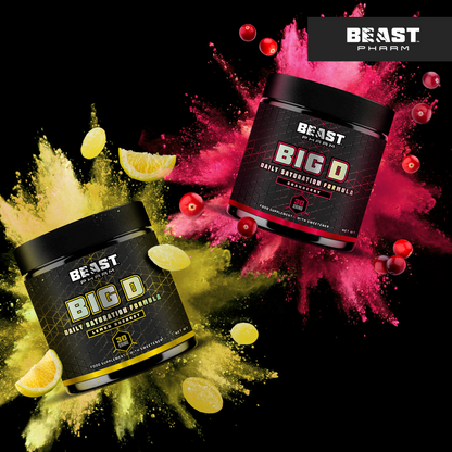 Beast Pharm BIG D Cranberry and Lemon Sherbet tubs with flavoured powder and fruit