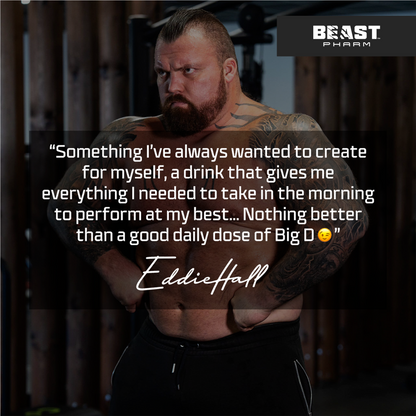 Tattooed strength athlete training in a gym with Beast Pharm branding