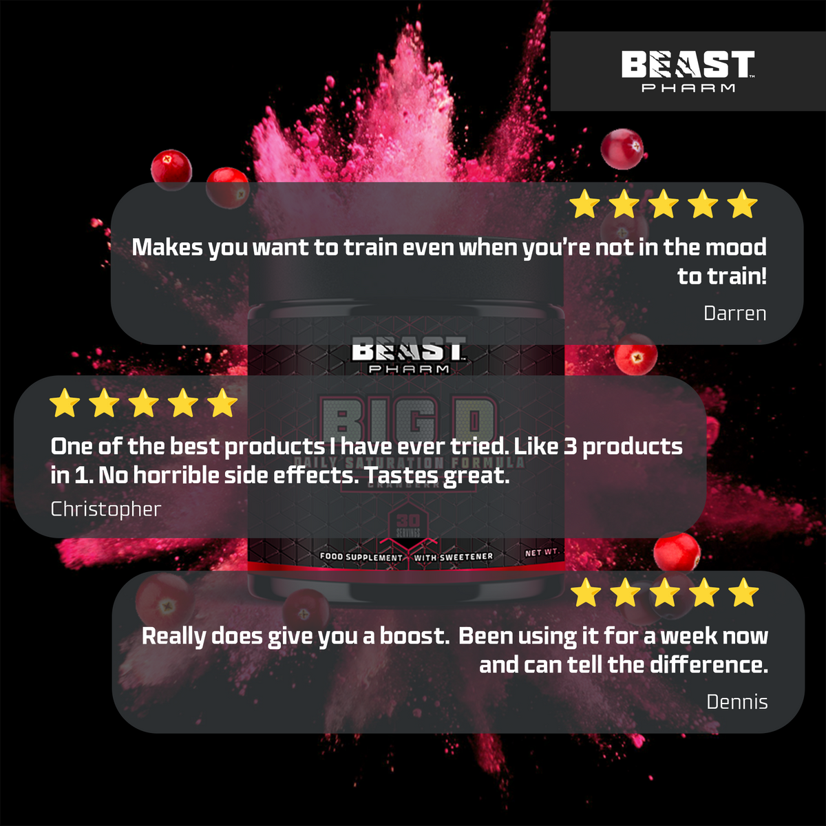Beast Pharm BIG D 390g tub displayed with customer review graphic