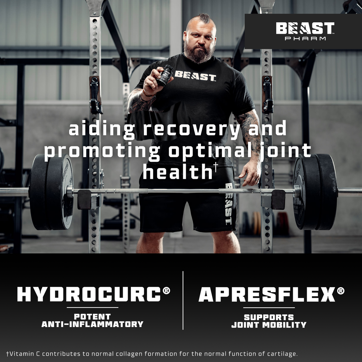 Athlete lifting weights beside Beast Pharm BIG JOINT product graphic